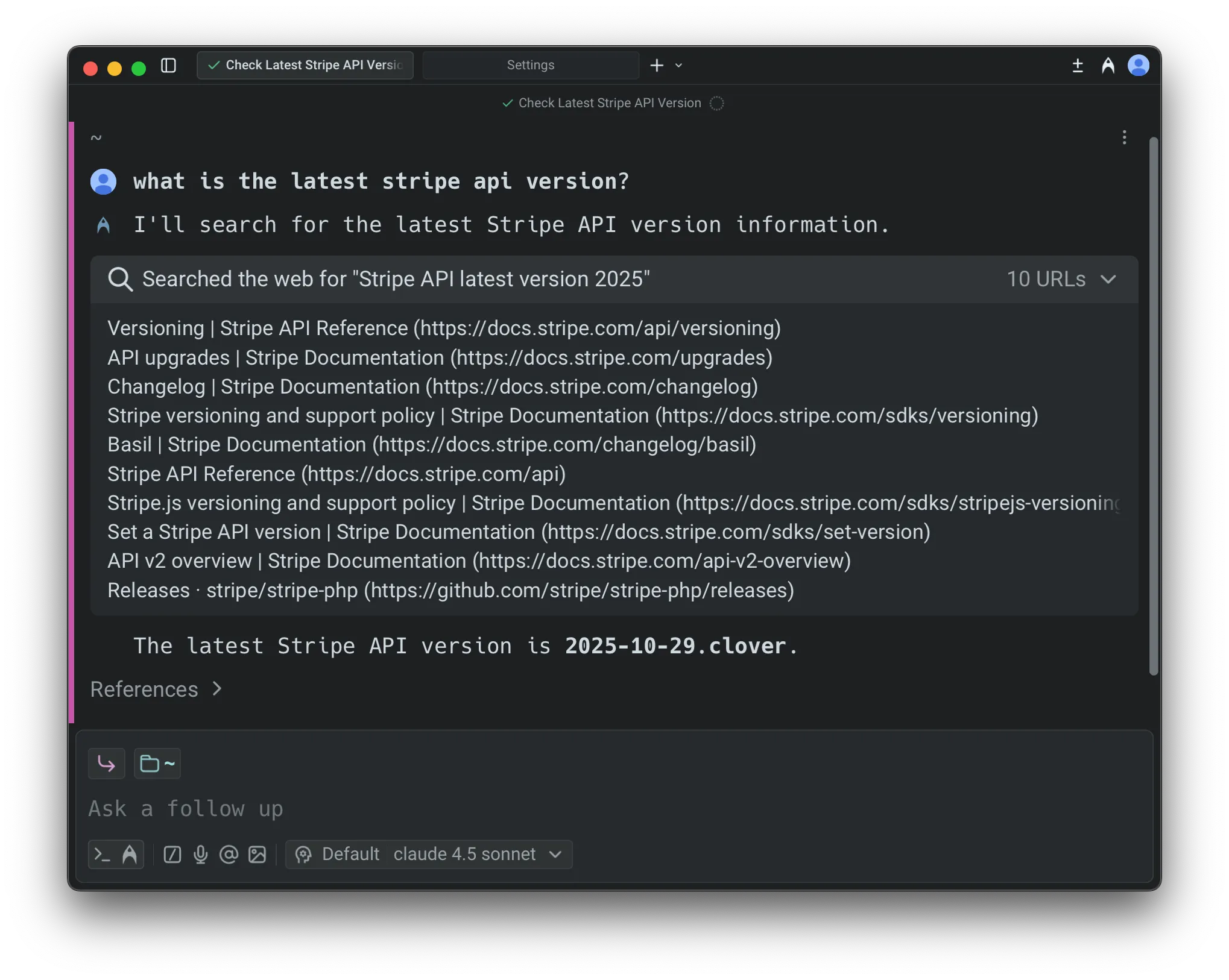 An agent conversation in Warp showing the expanded Web Search section with the query 'Stripe API latest version 2025' and a list of 10 retrieved URLs